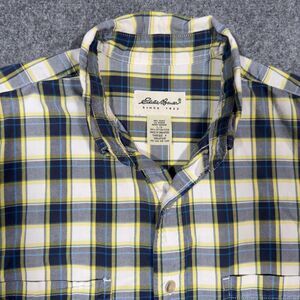 Eddie Bauer Short Sleeve Button Blue Yellow White Plaid Men's Large Shirt